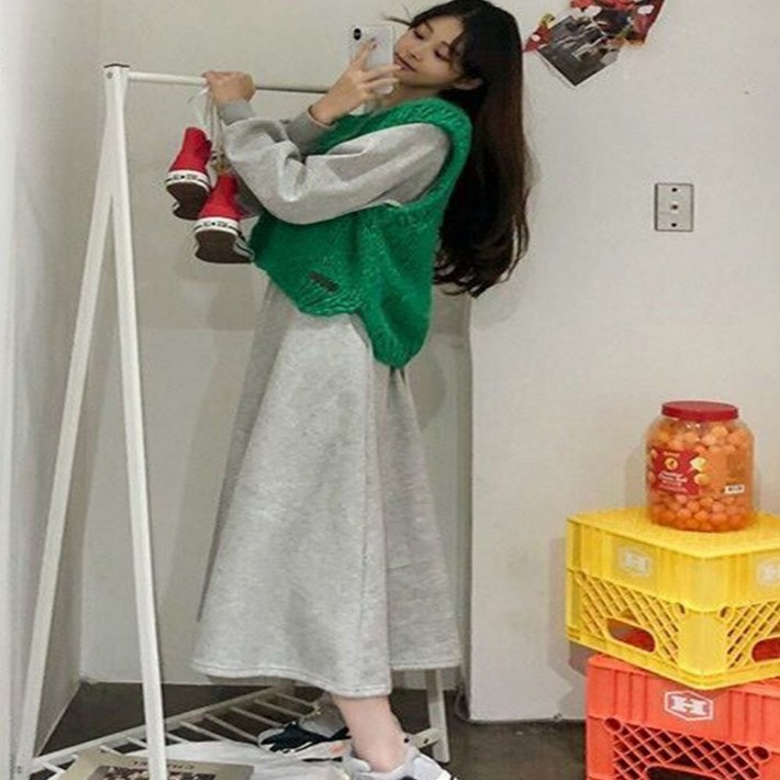 맨투맨 허리 밴딩 롱 원피스 라운드넥 긴팔 체형커버 26V45Q258X