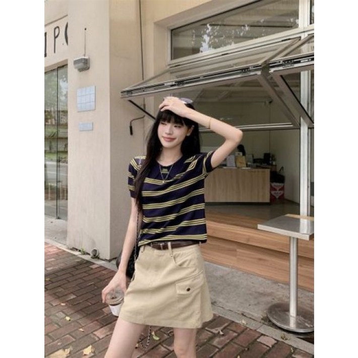 여성 네이비 옐로우 스트라이프 여름 카라 반팔 니트