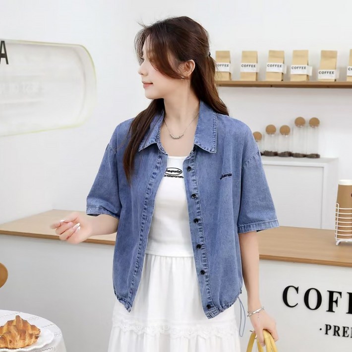 사입자몰 청남방 2종택1 반팔 데님 셔츠 남방 청자켓 캐주얼 오버핏 워싱 스트링 포켓 여름 여성 미시