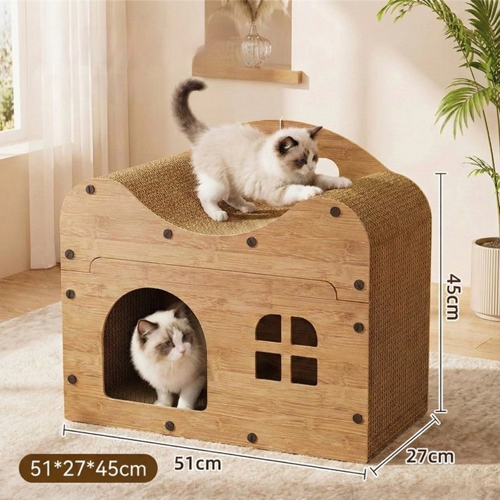 Tinduo 고양이 용품 숨숨집 스크래쳐 일체형 고양이 집, 1개, 원목색