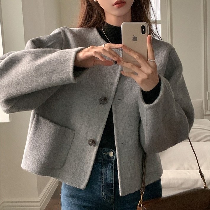 쪼예 핸드메이드 울 라운드 노카라 긴팔 숏 코트 자켓