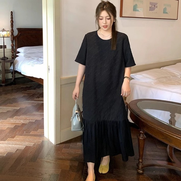 빅사이즈 라운드넥 반팔 플리츠 롱원피스