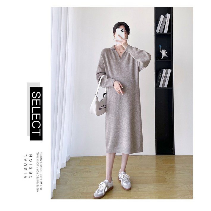 시연 가을 겨울 여성용 빅 사이즈 후드 롱 원피스 니트