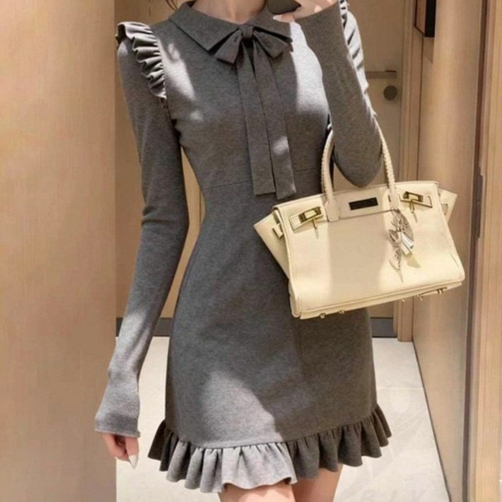 비아이와이 여성 봄 가을 데일리용 고급 허리조임 니트 원피스 D40