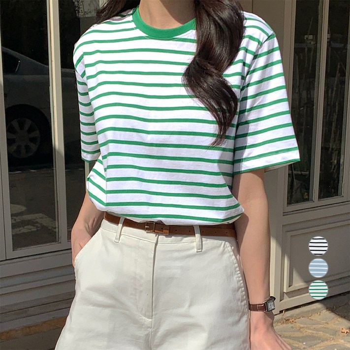 아피나르 여성용 스트라이프 반팔 티셔츠 아피나르 여성용 스트라이프 반팔 티셔츠