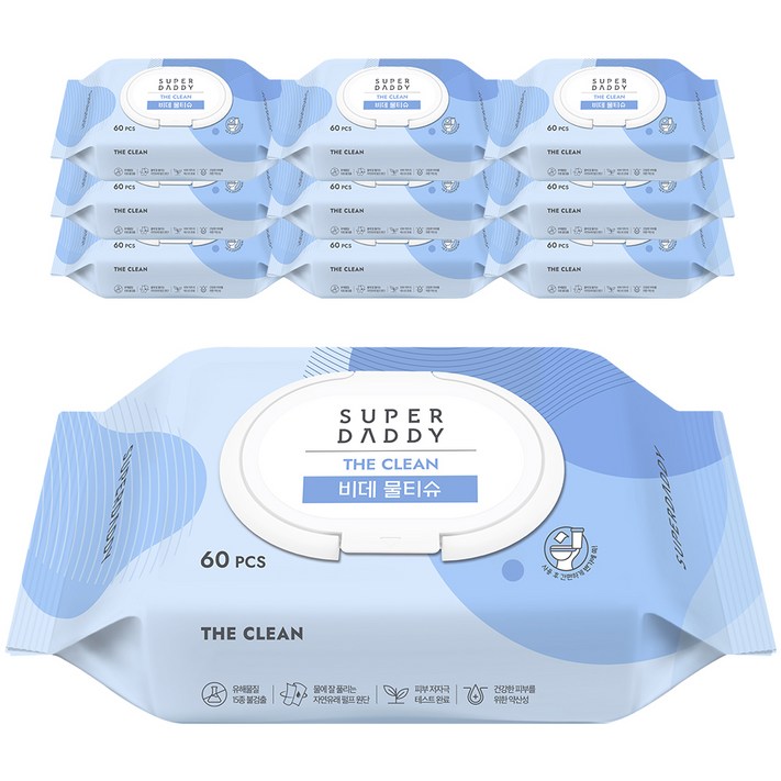 슈퍼대디 더클린 비데 물티슈 캡형, 60g, 60개입, 10개 슈퍼대디 더클린 비데 물티슈 캡형, 60g, 60개입, 10개