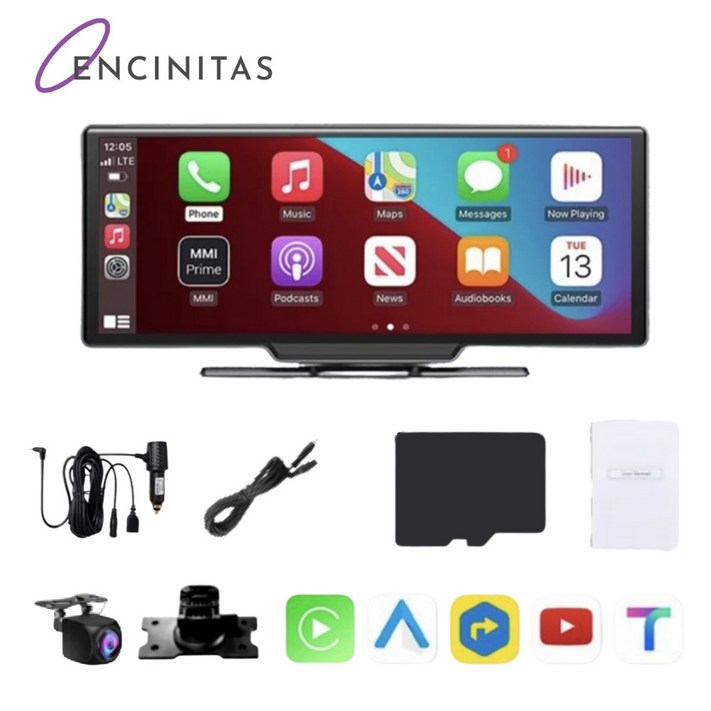 ENCINITAS 카플레이 안드로이드 오토 모니터 차량 올인원 내비게이션 블루투스 블랙박스 전방렌즈 마이크로 SD카드, 단일상품, 64GB