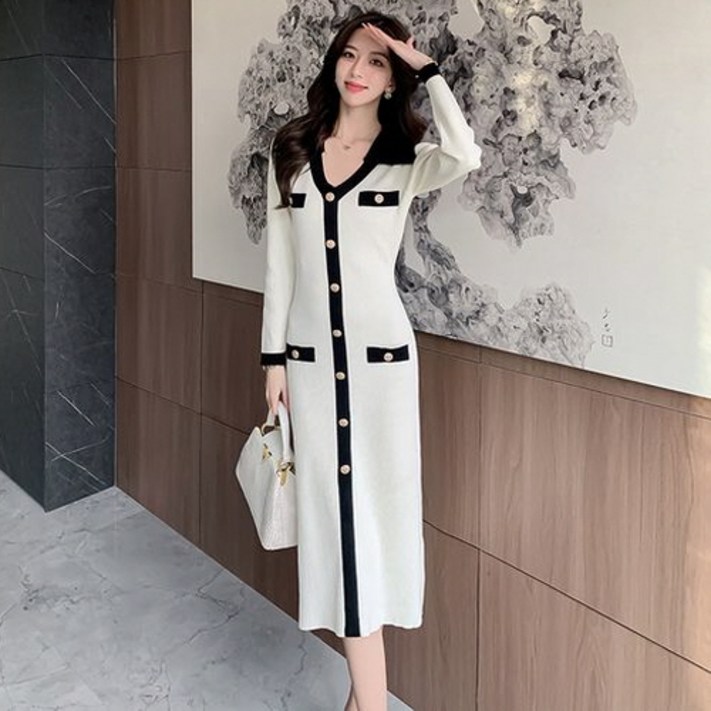 뉴욕멋쟁이 미셀 브이넥 카라 니트 원피스