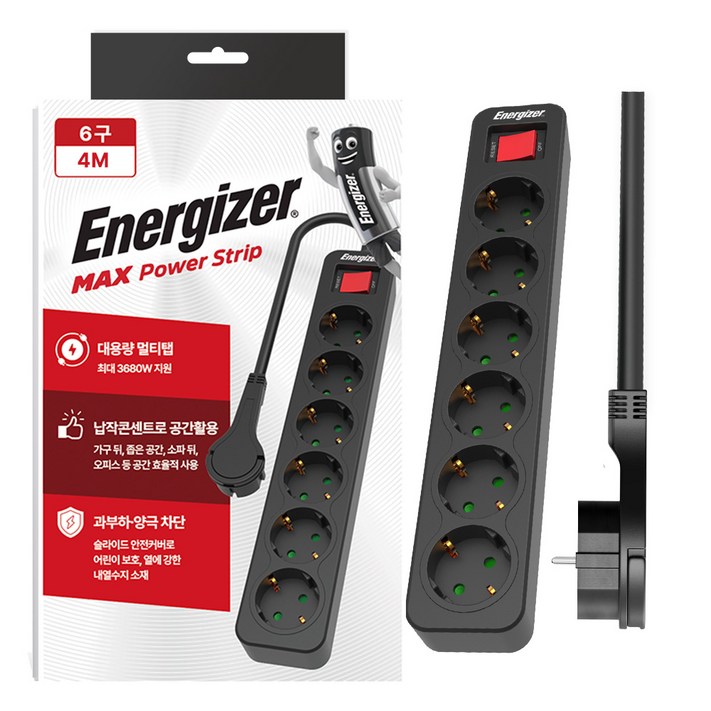 에너자이저 멀티탭 과부하차단 3680W고용량, 1개, 블랙 6구, 4m
