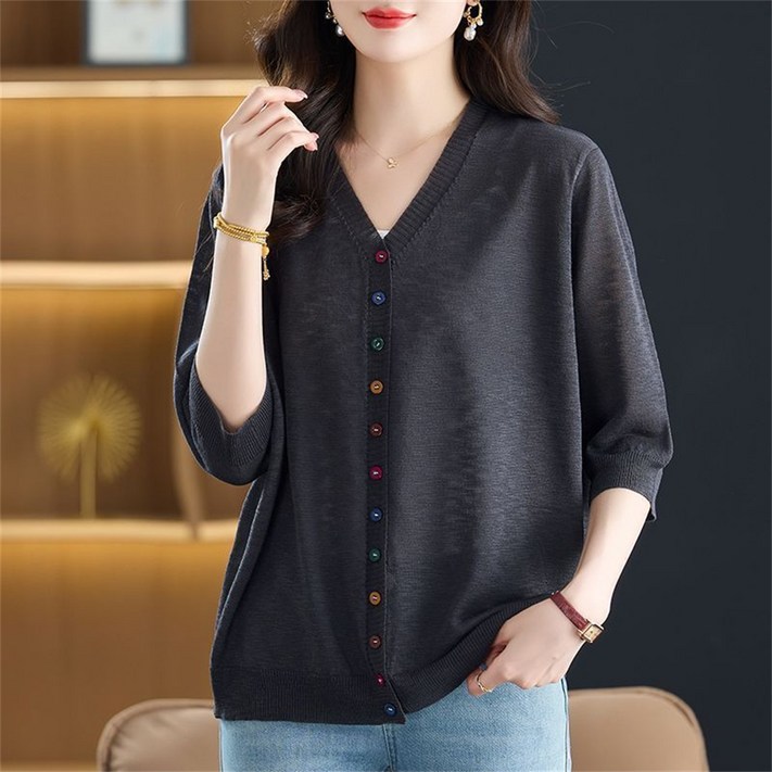 TKX 여성용 봄 가을 니트 카디건 V넥 칠부 소매 컬러 버튼 심플룩 오버핏 KY97