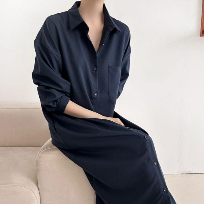 투디 심플 베이직 카라 셔츠 롱원피스 빅사이즈 데일리룩 오피스룩 하객룩, 3컬러