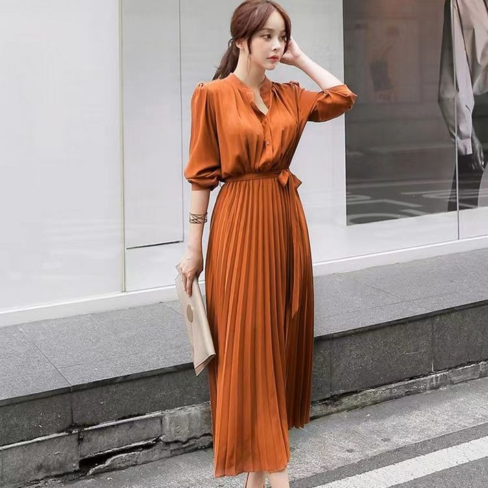 해피유통 여성 봄옷 슬림핏 플리츠원피스 허리조임 기질쉬폰 롱원피스