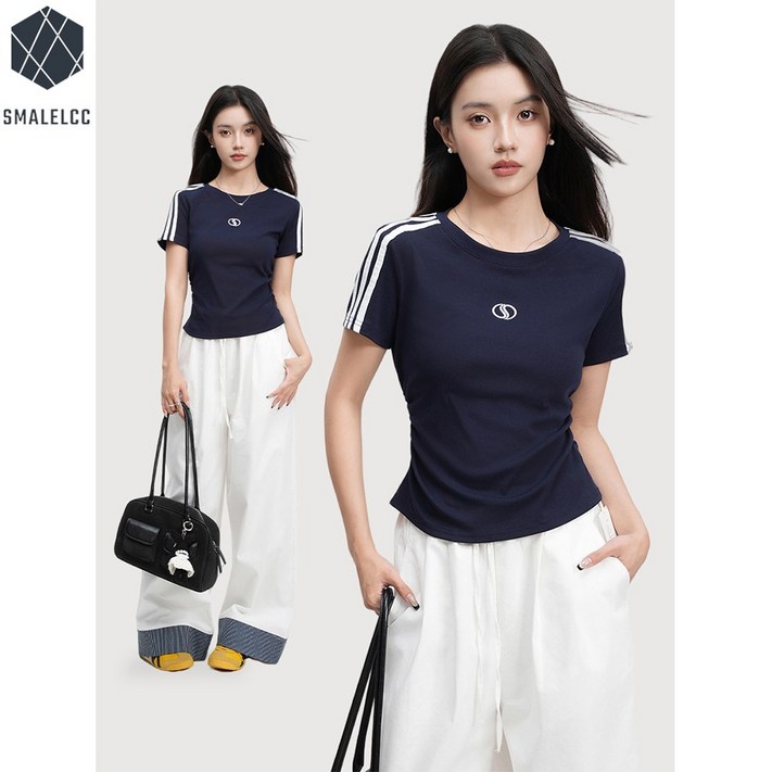 SMALELCC 여성  라운드넥  스트라이프 티셔츠 여름 면  반팔티 셔츠