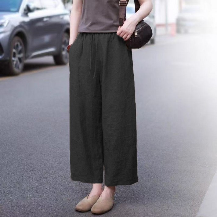 여성 순면 긴바지 봄여름 문예풍 캐주얼 9부 와이드 팬츠 빅사이즈 루즈핏 솔리드 밴딩 허리 날씬해 보이는 슬랙스