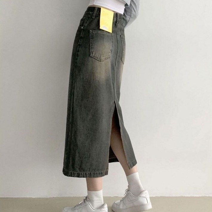 부기샵 여성 데님치마 커스 워싱 트임 롱 청스커트
