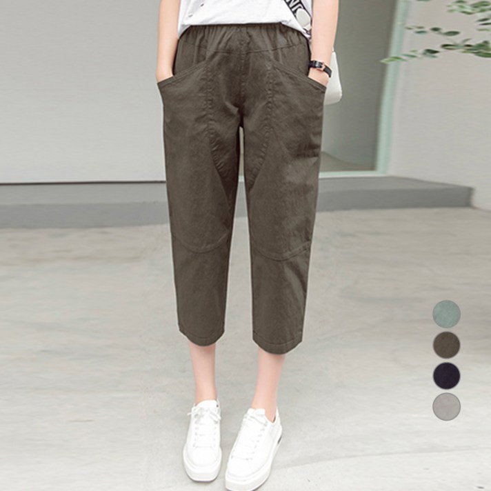 유니제이 여성용 코튼 밴딩 8부 배기팬츠