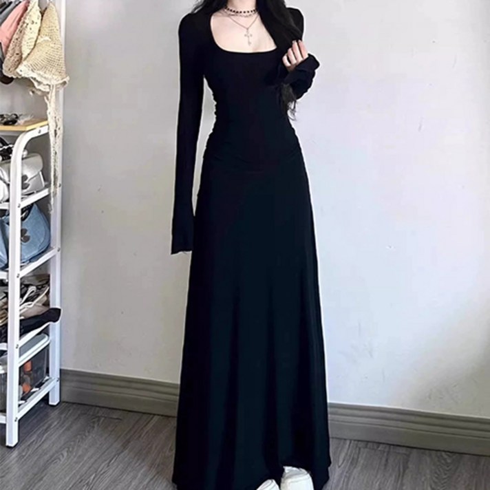 구디프 여성용 스퀘어넥 슬림 맥시 드레스핏 A라인 롱원피스