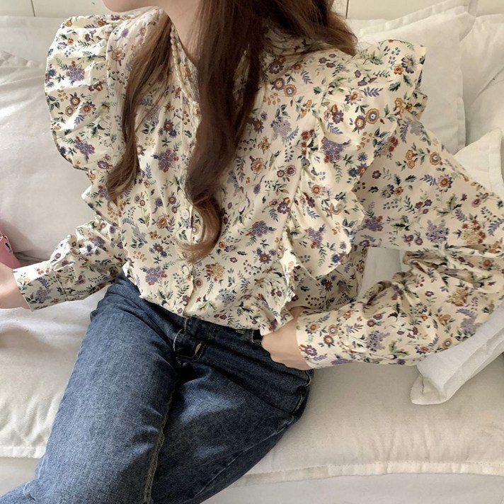 노이디제이 여성 로맨틱 플라워 프릴 긴팔 블라우스  AIM9011