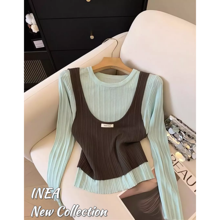 이네아 여성 데일리 골지 긴팔 크롭 뷔스티에 일체형 니트티