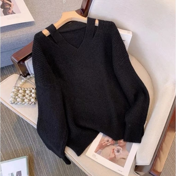 보그핏 추바상의 여성 브이넥 끈카라 데일리 니트 긴팔 상의