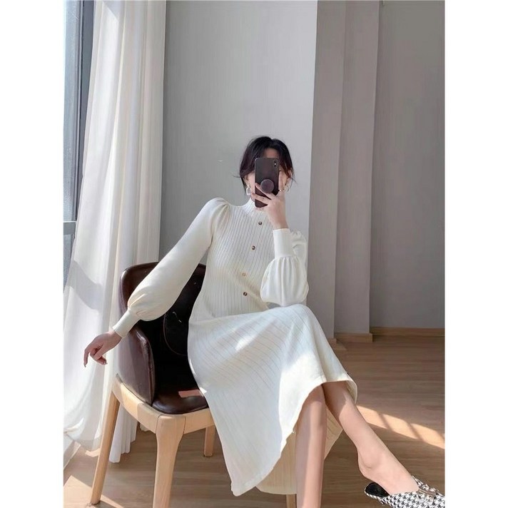 ANYOU  가을원피스 원피스 여성 추겨울 니트 무지 보송 스판 스웨터 단아한 매력  캐주얼 패션 데일리 미디 라인 스커트