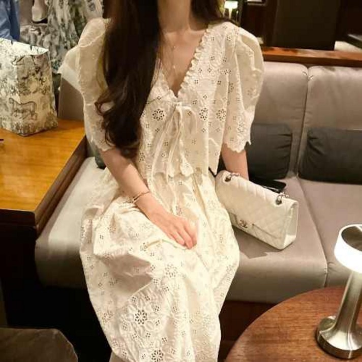 레이스 자수 투피스 여름 반팔 가디건 화이트 코디 세트 꽃무늬 봄 롱 스커트