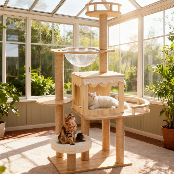 더블 스페이스 캣타워 고양이 집 캣 스크래치 일체형 고양이 고양이 대형 스크래쳐 캣타워 반려동물 실내 호화로운 목제 아크릴 해먹 방석 장난감 캣타워, 1개, 그레이B16
