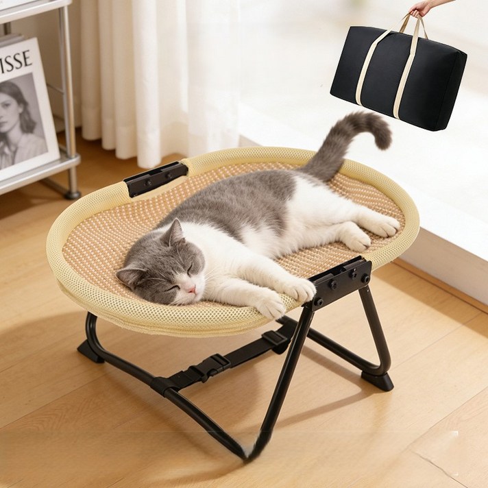 HANTAO 강아지 접이식 캠핑 이동식 의자 펫 메쉬 해먹 침대 사계절 반려동물 푹신한 편안한 방석 쿠션  전용가방, 1개, 베이지