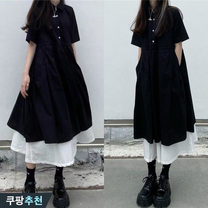 완전 추천 150kg까지 빅사이즈 여성 페이크 레이어드 카라 허리꼬임 롱 원피스 여름 편한 모던 검정 날씬해보이는 버튼 주머니있는 스트랩 디자인 반팔 시원한 플레어 원피스