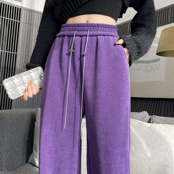 JIEVE 여성용 와이드 코듀로이 팬츠  스러운 핏 허리 밴딩 편안한 착용감 가을 겨울  D18