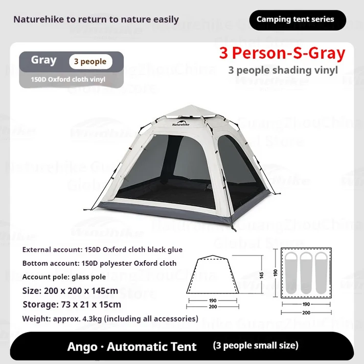 네이처하이크 자동 텐트 150D 블랙 코팅 Ango 업그레이드된 방수 선스크린 캐노피 패밀리 야외 캠핑 피크닉