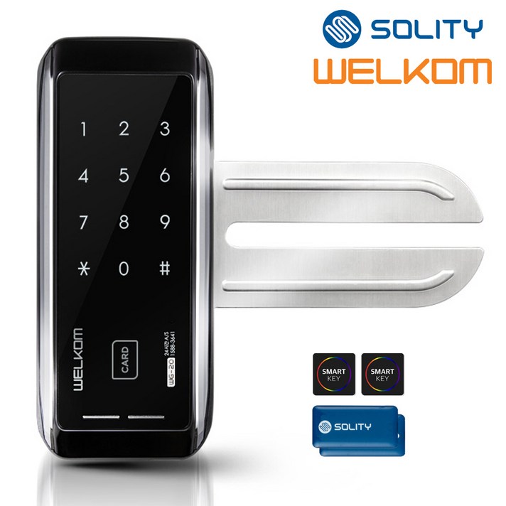 전국설치 솔리티 웰콤 WG20 단문형 카드키4개번호키 강화유리문전용 좌우수문인식키패드자동전환 상시문열림기능 차임벨기능 생활방수 상가 빌라 매장 현관문 디지털도어락 도어록, 웰콤 WG20 단문형무료설치B지역, 방문설치