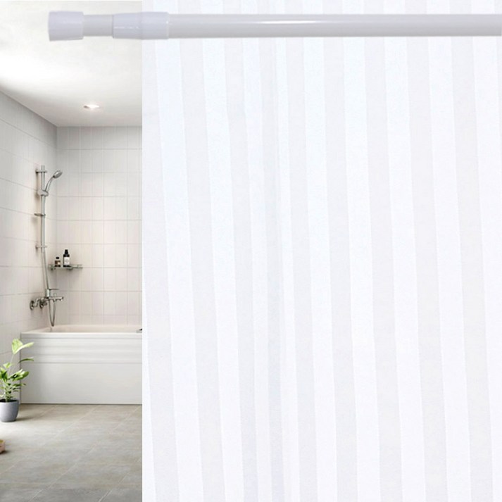 썬데코 패브릭 방수 샤워커튼 흰색줄무늬 + 커튼링 12p + 샤워봉 6호, 1세트, 화이트계열