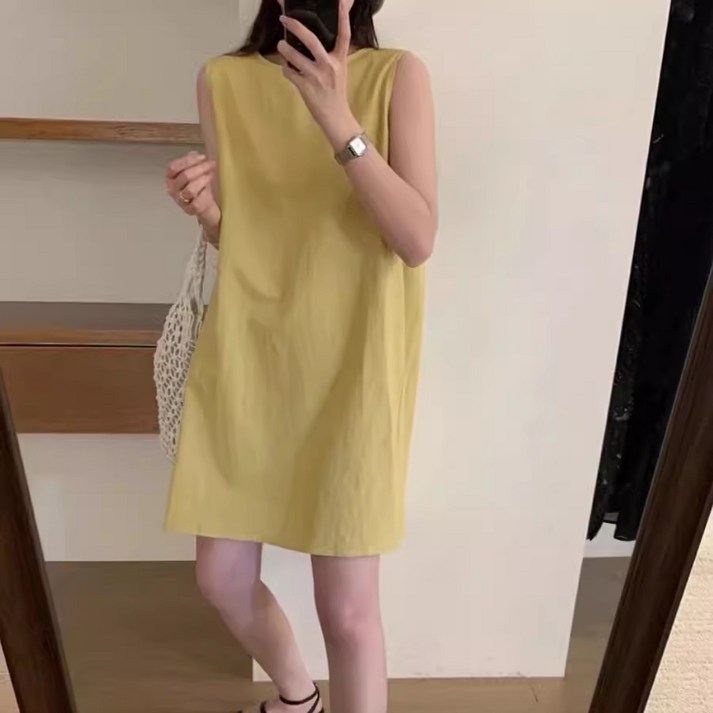 르비에 어반민소매 린넨 라운드넥 뒷트임 나시 짧은 미니 원피스