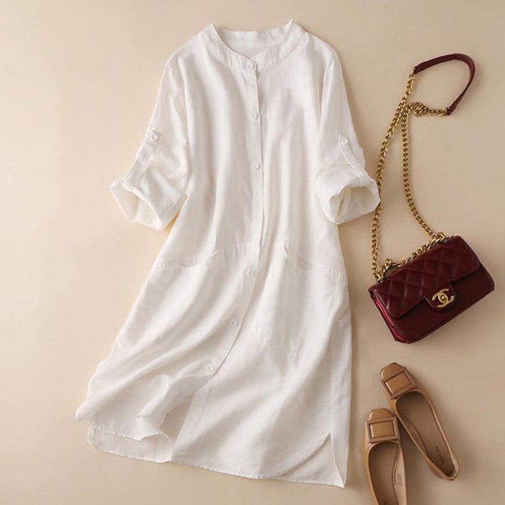 ORZQU 가을 여성 린넨 원피스 하프 박시 면 마 셔츠 긴팔 원피스