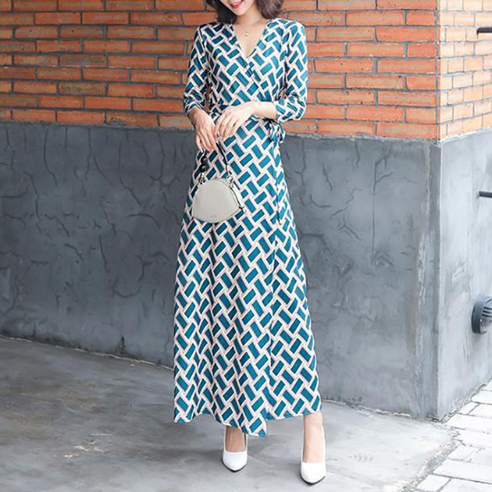 POMTOR 여름 그린 체크 프린트 롱원피스 봄가을 슬림핏 날씬 랩원피스