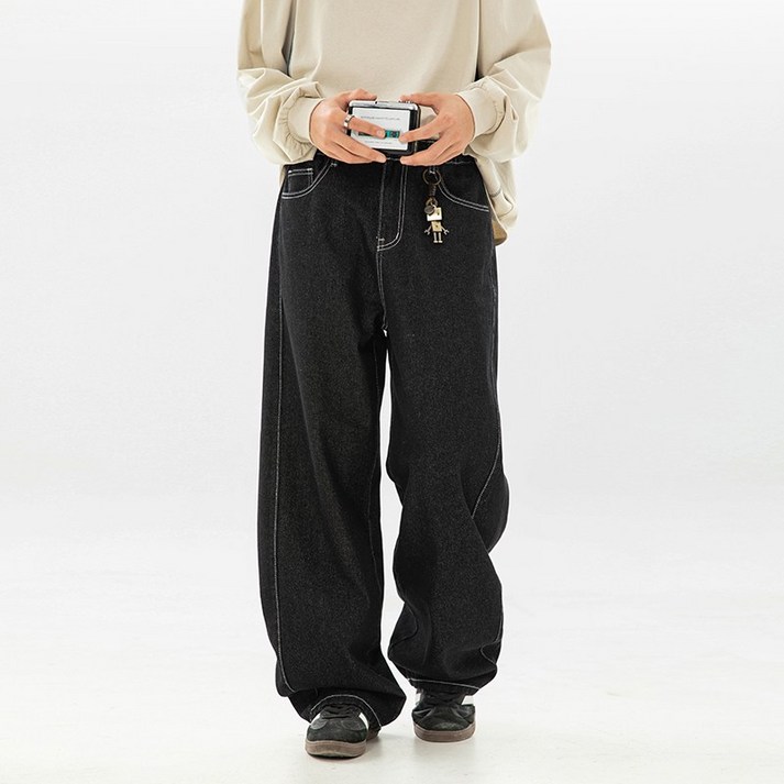 HANYO 남성용 와이드 빈티지 생지 데님 팬츠