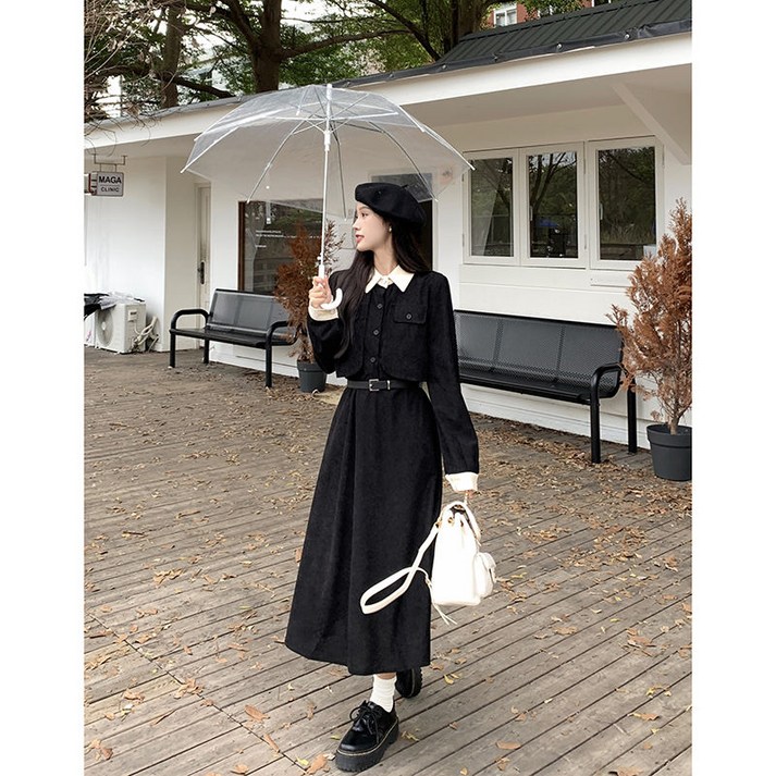 COSYEVNO 여성 미디 원피스 가을 코듀로이 레이어드 벨트 루즈핏 원피스