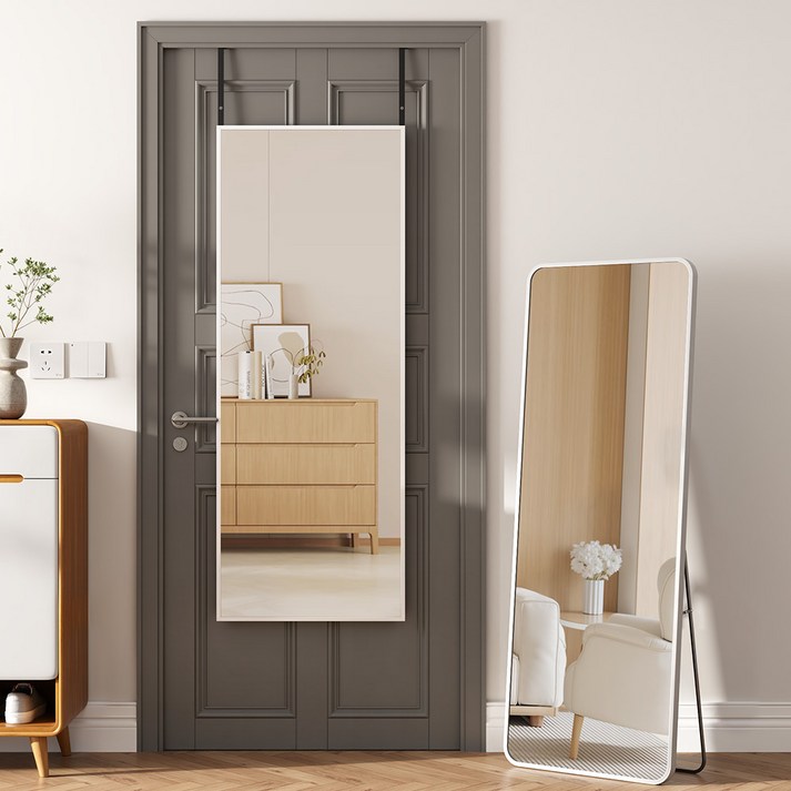 안토크 벽걸이 전신거울 스탠드 거치대 원룸 문걸이 거을 미용실용 3in 다기능 350*1200mm, 화이트-둥근