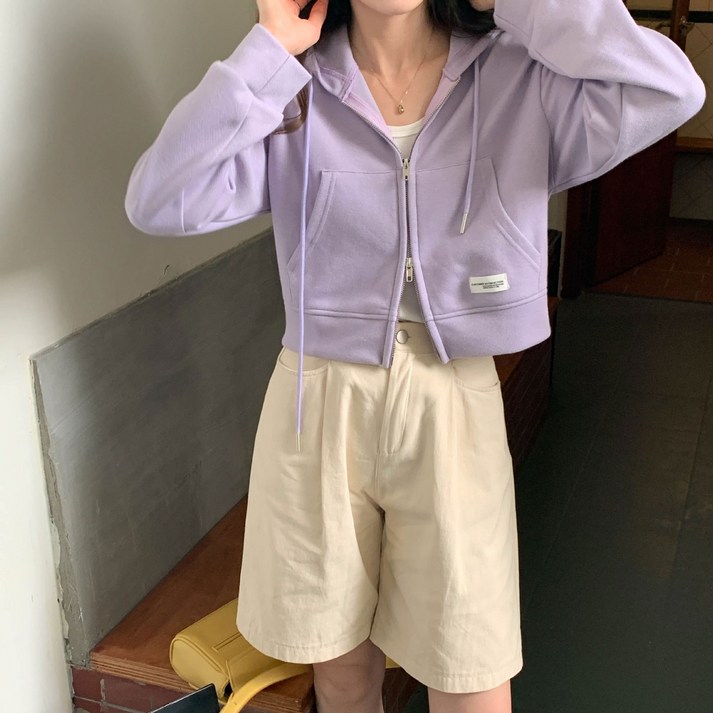 편안한 핑크 후드집업 여성 봄여름가을 짧은 디자인, 코튼 소재, 캐주얼 스타일