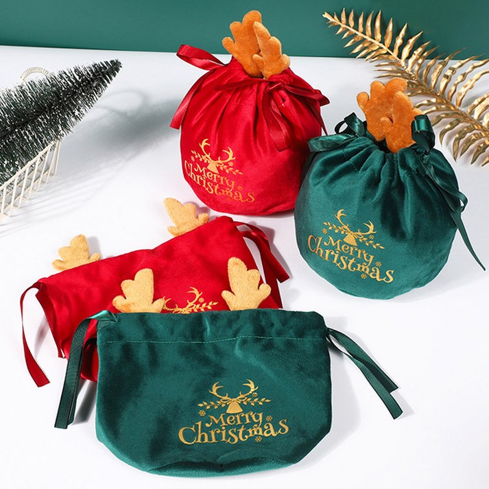 크리스마스 선물 소품 포장 루돌프 주머니 복조리 복주머니 벨벳 파우치 4P 세트, 1세트, 혼합(레드2개+그린2개)