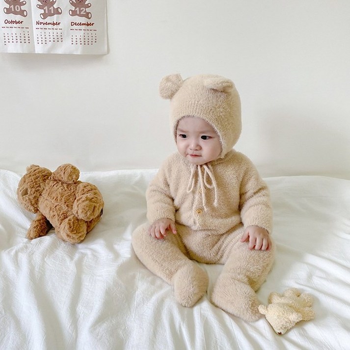 KC인증 남아 여아 아기 귀여운 곰돌이 슈트 모자세트 둥이