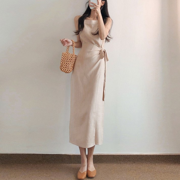 요시아나 당일발송 늘씬한 에시르 린넨 랩 나시 롱원피스