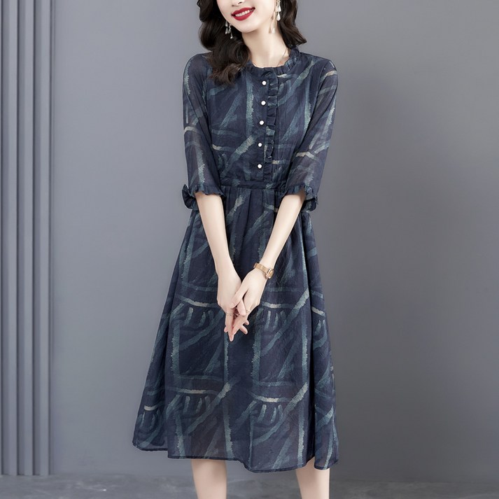 바니드 여성 프릴 라운드넥 여름반팔 엄마원피스 중년 유럽풍 원피스 0817 바니드 여성 프릴 라운드넥 여름반팔 엄마원피스 중년 유럽풍 원피스 0817
