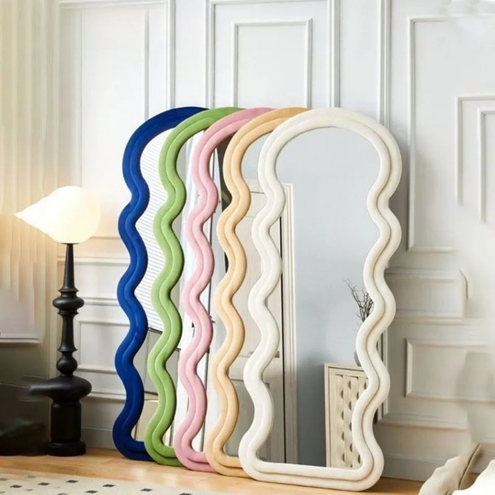 거치경 스탠드 벽걸이 웨이브 전신거울 강화안전유리 거울1600mm, 베이지