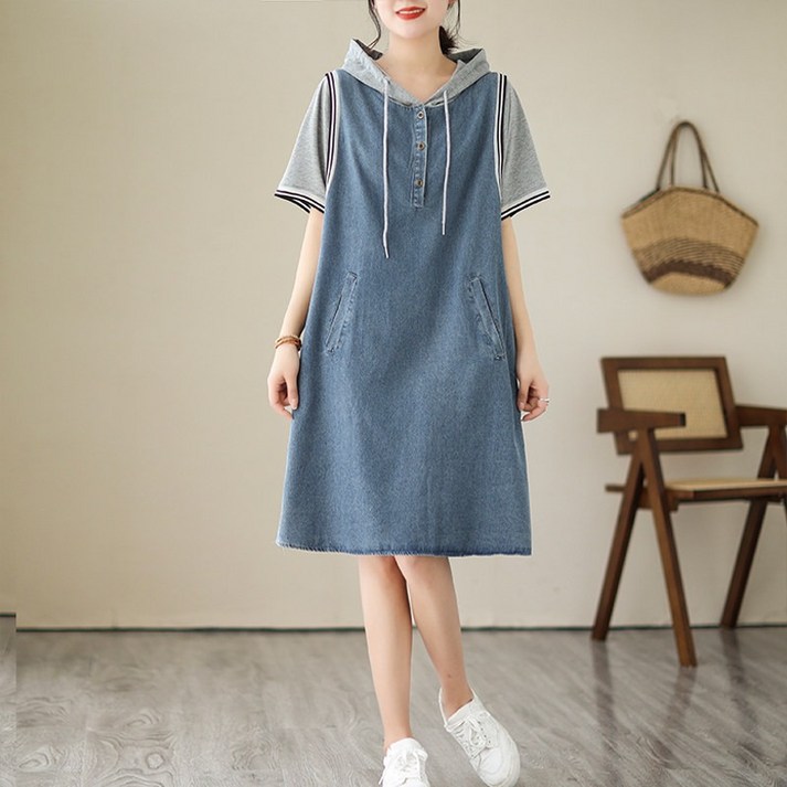 토헨벨 데님원피스 데님 후드 미디원피스 여성 루즈핏 봄 여름