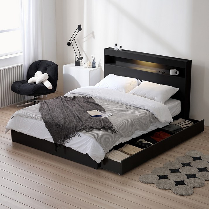 트리플 LED 수납 침대 프레임  파워 본넬 양면 매트리스 세트 방문설치, 블랙프레임, 화이트매트리스