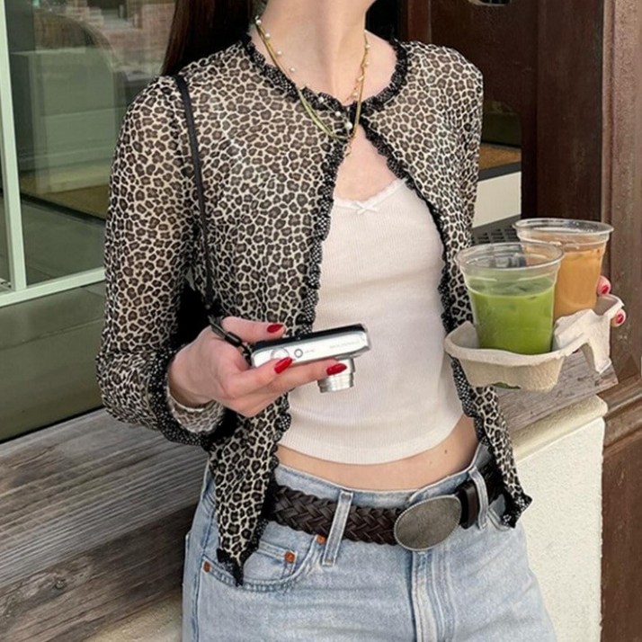 아이엠몽 여성용 라하린 레오파드 원버튼 긴팔 가디건