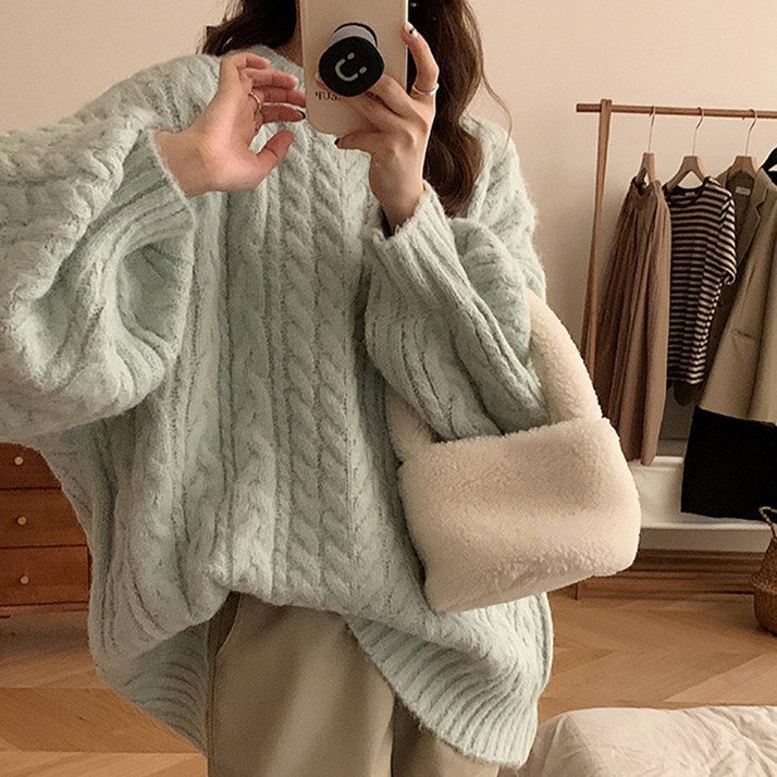 메이킹유 여신니트포근몽글 도톰 꽈배기 긴팔 라운드 스웨터 니트 러블리무드 청순룩 루즈핏 8763레린니트