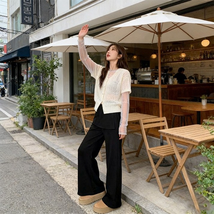 KDNC 여성 하이웨이스트 플레어바지 페이크 레이어드 요물바지